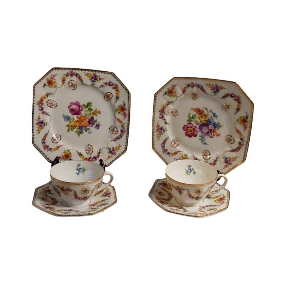 BAVARIA SHUMANN ARZBEG DRESDEN GARLAND TEA CUP & CAKE PLATE ‎ 6 PIECES